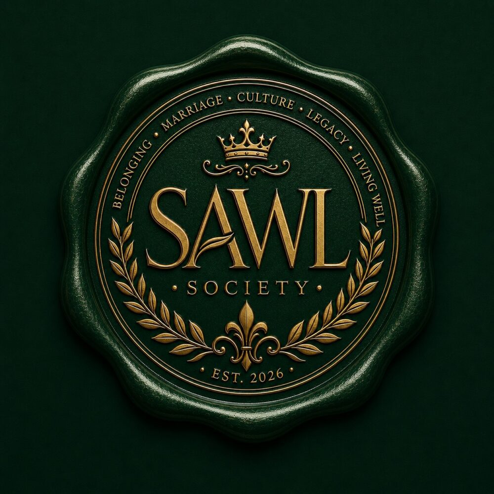 Ornate green seal with gold lettering reading SAWL Society, established 2026, with crown and laurel wreath design